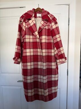 Banana Republic Red and Cream Plaid Coat with Chain Detail